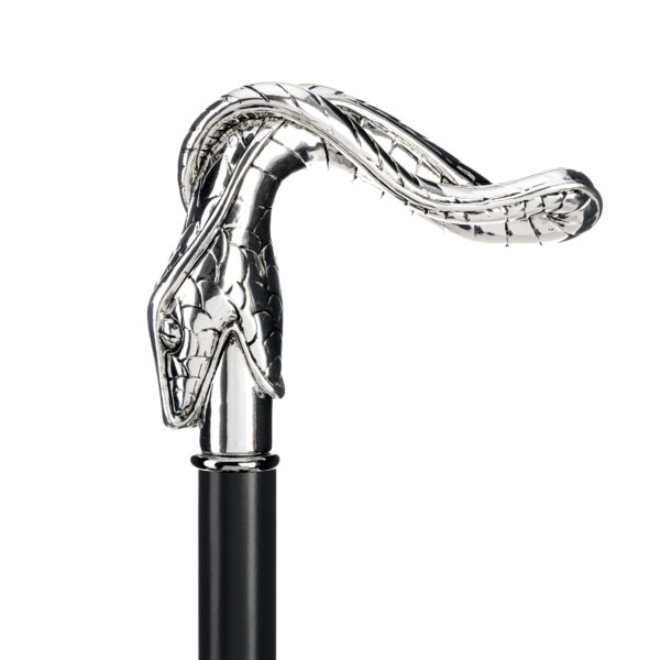Elegante bastone da passeggio con serpente modellato a mano e placcato argento 925 sull'impugnatura.