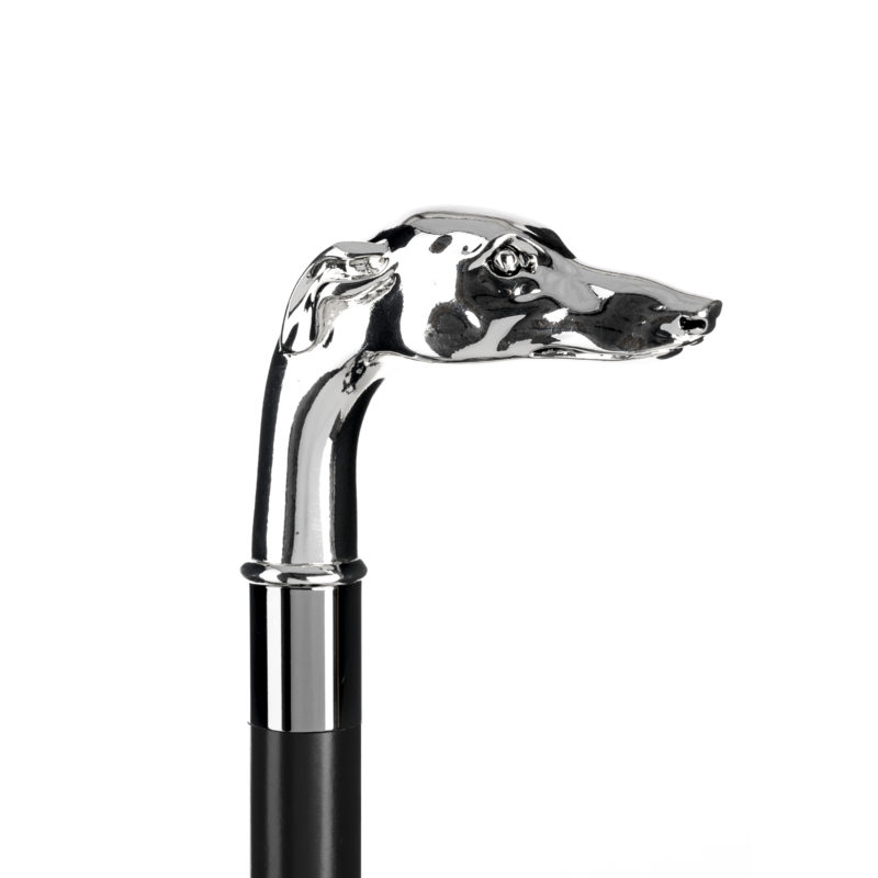 Tradizionale bastone da passeggio elegante con cane Levriero scolpito a mano sull'impugnatura placcata argento 925.