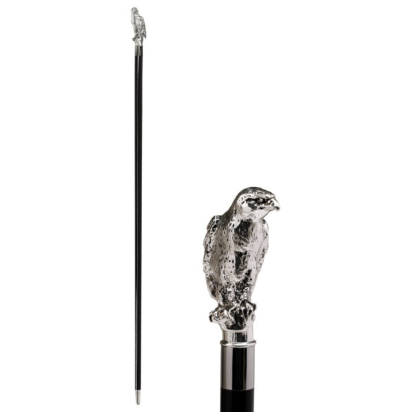 Elegante bastone da passeggio con il falco modellato a mano e placcato argento 925 sull'impugnatura.