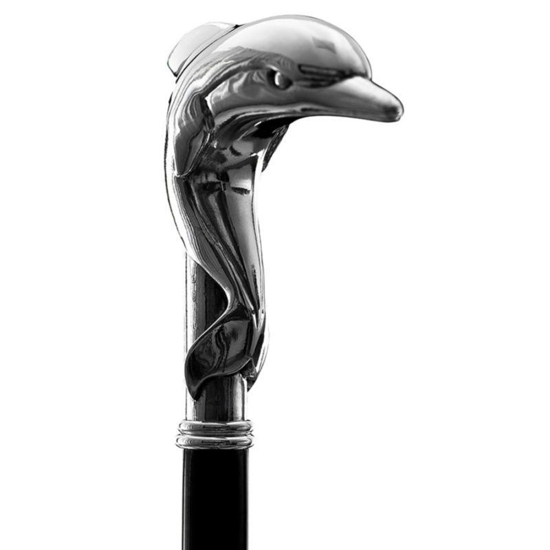 Bastone da passeggio elegante con pomello personalizzato con delfino scolpito a mano e placcato argento 925.