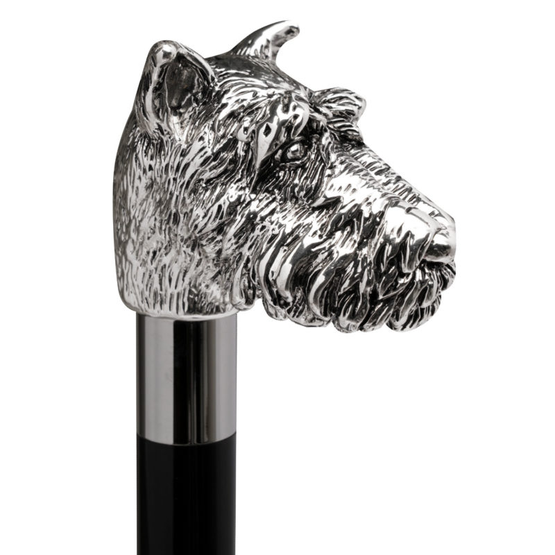 Tradizionale bastone da passeggio elegante con cane Schnauzer scolpito a mano sull'impugnatura placcata argento 925.