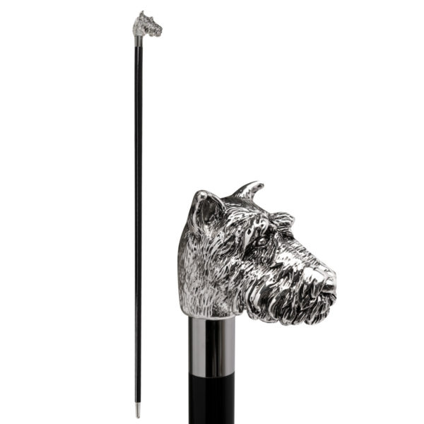 Tradizionale bastone da passeggio elegante con cane Schnauzer scolpito a mano sull'impugnatura placcata argento 925.